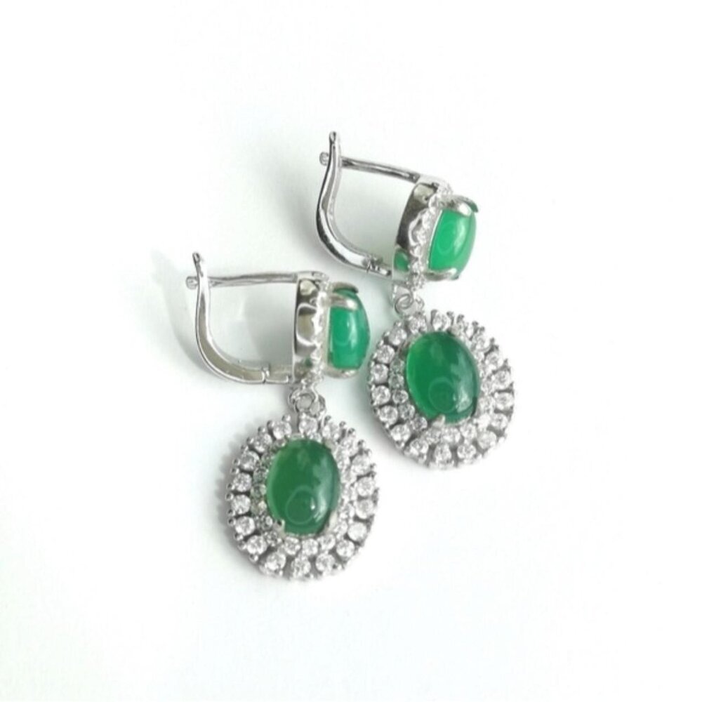 Green Chalcedony White Sapphire Halo Earrings Sterling Silver  Leverback